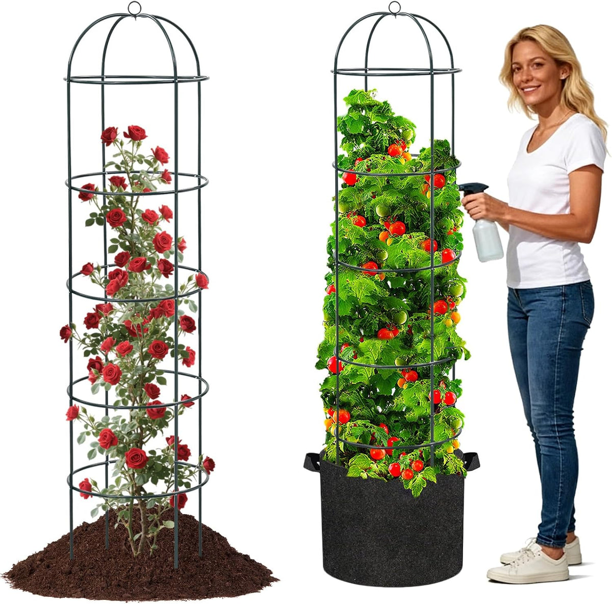 Large Trellis, Garden Obelisk Trellis for Climbing Plants Outdoor, 69" Metal Trellises for Tomato Cucumber Grape Clematis Rose Vine Support, Heavy Duty Fit 25-Gallon Container Raised Bed, Freestanding