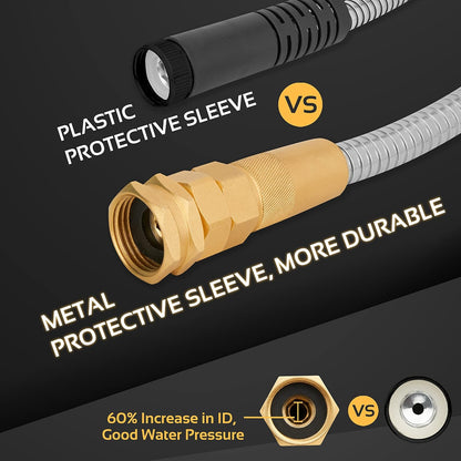Garden Hose Metal - 50ft Heavy Duty Stainless Steel Water Hose with 8 Function Sprayer & Metal Fittings, Flexible, Lightweight, No Kink, Puncture Proof Hose for Yard, Outdoors, Rv