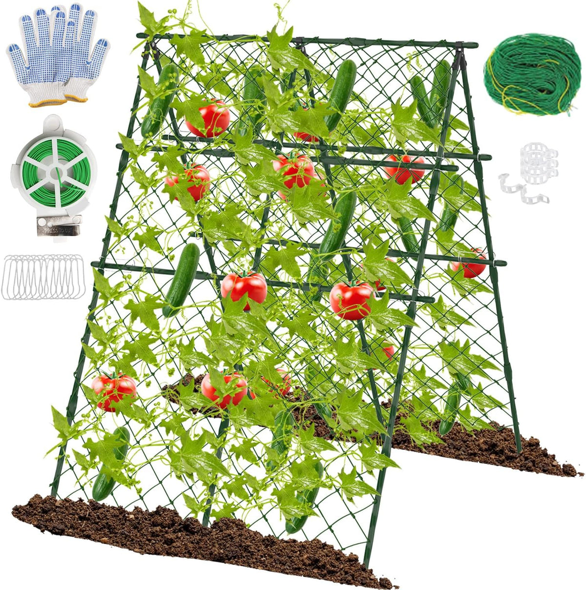 63"H x 47"L Cucumber Trellis for Raised Bed, Adjustable Garden Trellis for Climbing Plants Outdoor with Climbing Net and Plant Support Clip, A-Frame Trellis for Vegetable, Cucumbers, Tomatoes