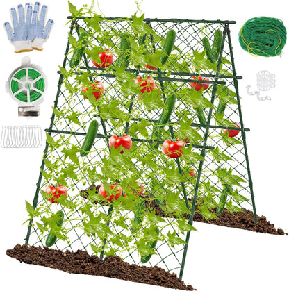 63"H x 47"L Cucumber Trellis for Raised Bed, Adjustable Garden Trellis for Climbing Plants Outdoor with Climbing Net and Plant Support Clip, A-Frame Trellis for Vegetable, Cucumbers, Tomatoes