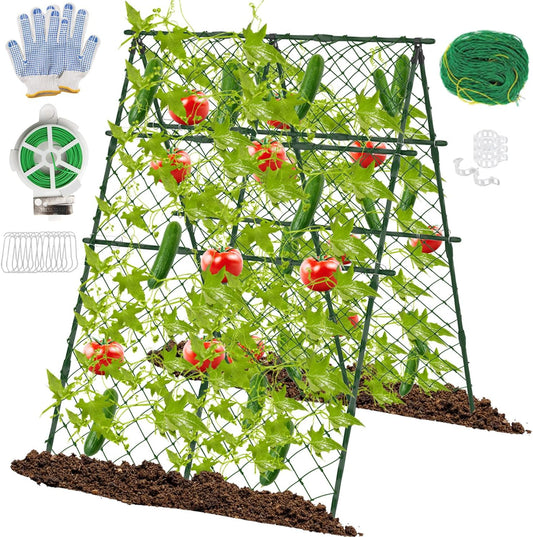 63"H x 47"L Cucumber Trellis for Raised Bed, Adjustable Garden Trellis for Climbing Plants Outdoor with Climbing Net and Plant Support Clip, A-Frame Trellis for Vegetable, Cucumbers, Tomatoes