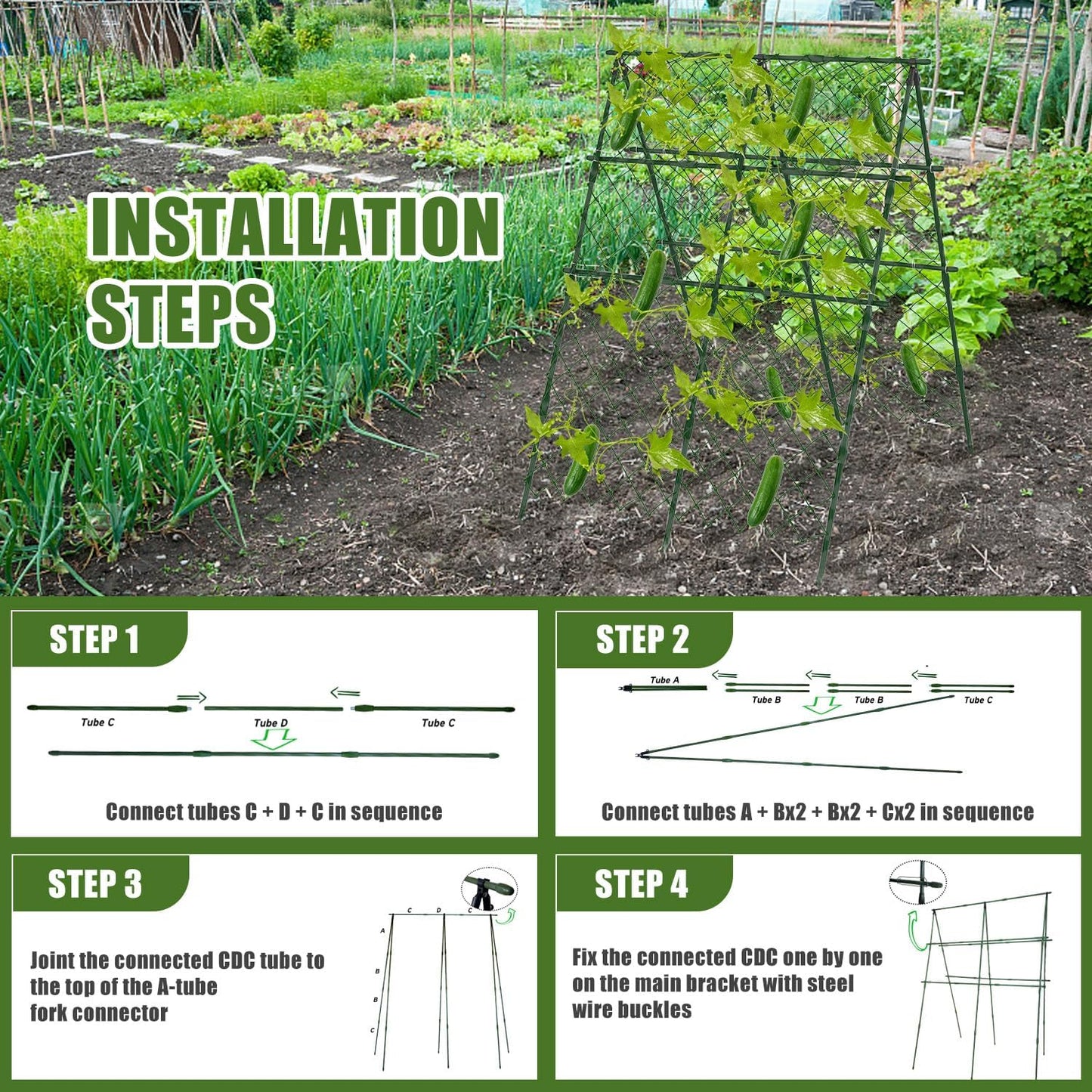 63"H x 47"L Cucumber Trellis for Raised Bed, Adjustable Garden Trellis for Climbing Plants Outdoor with Climbing Net and Plant Support Clip, A-Frame Trellis for Vegetable, Cucumbers, Tomatoes