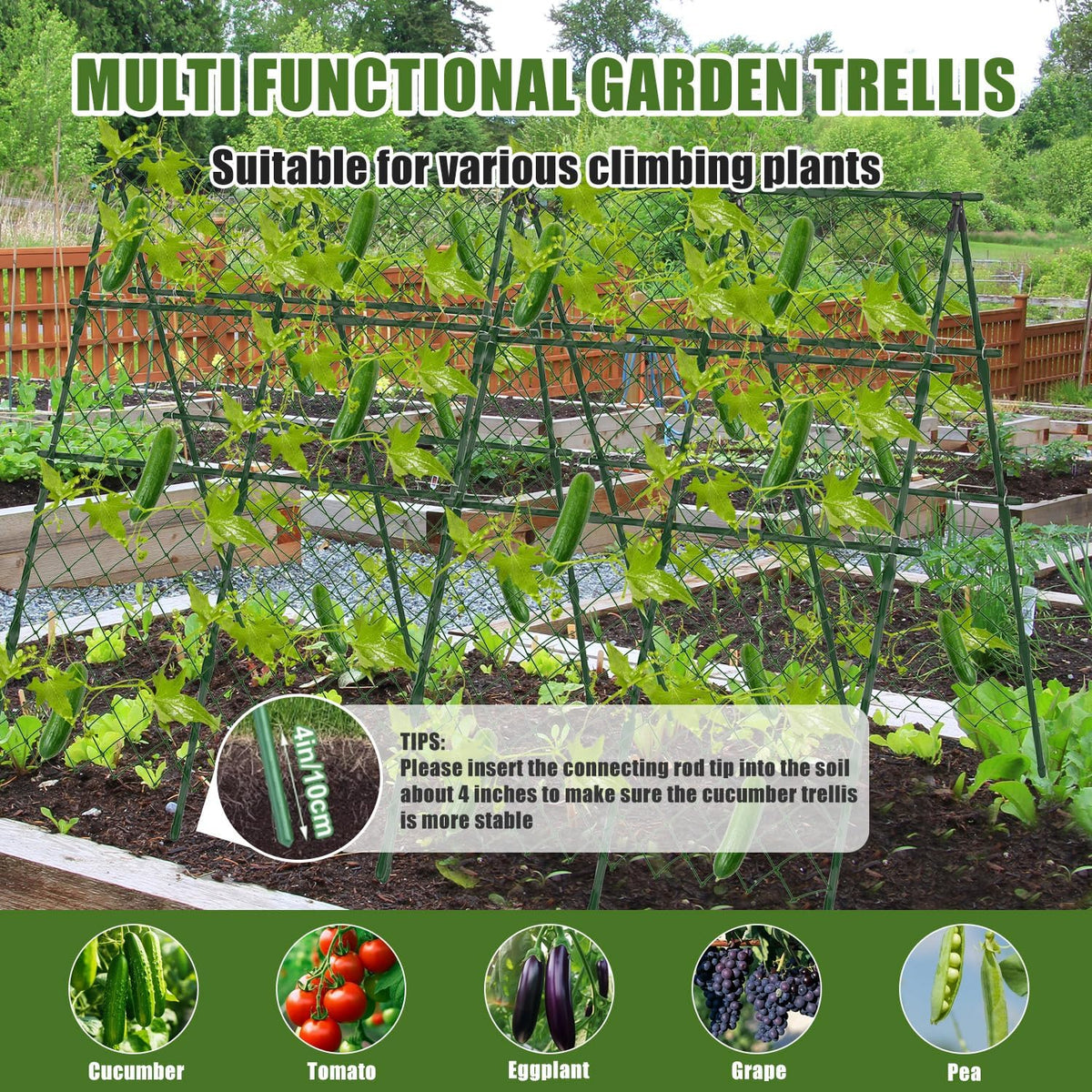 63"H x 47"L Cucumber Trellis for Raised Bed, Adjustable Garden Trellis for Climbing Plants Outdoor with Climbing Net and Plant Support Clip, A-Frame Trellis for Vegetable, Cucumbers, Tomatoes