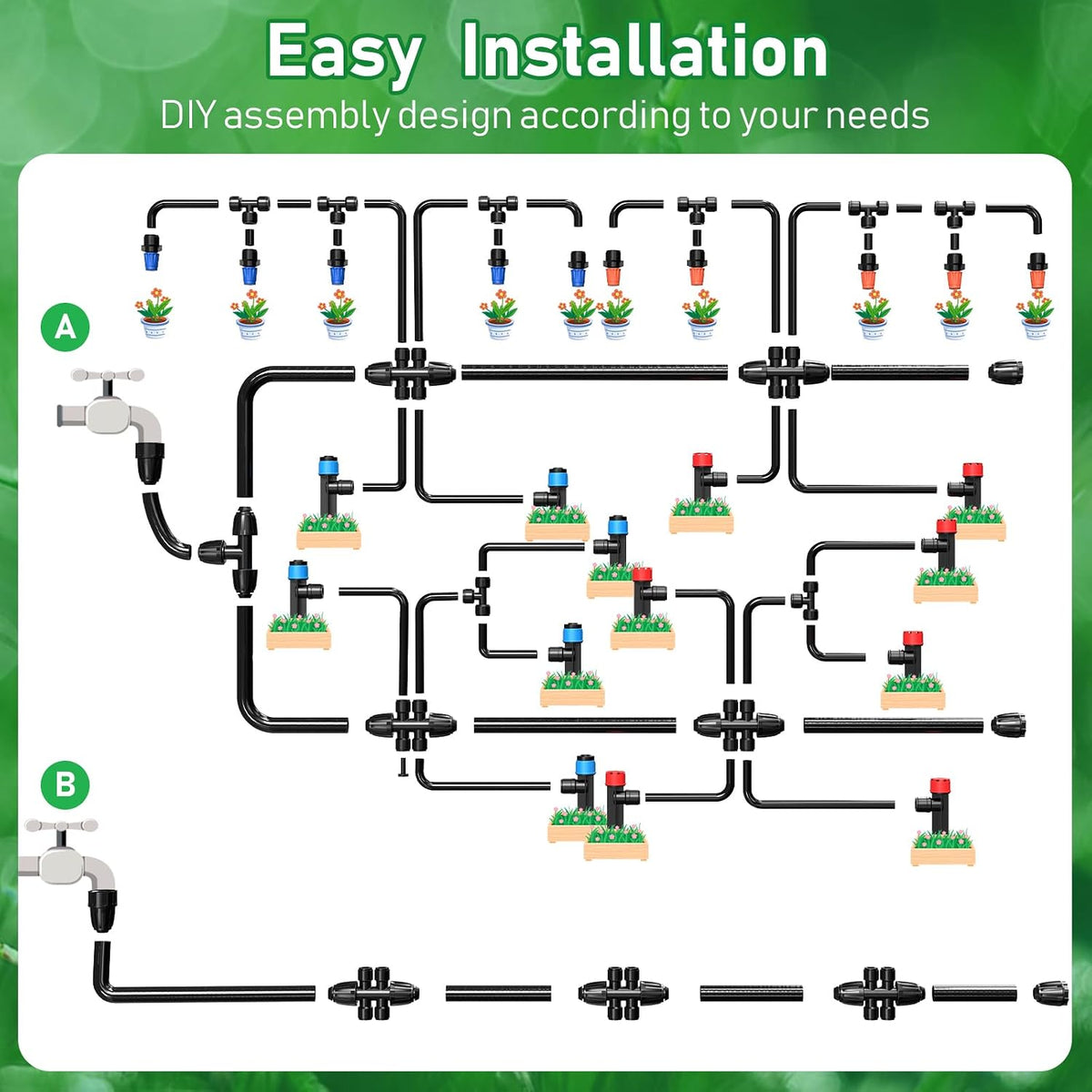 246FT Drip Irrigation System, Automatic Drip Irrigation Kit with 1/2" Main Tube & 1/4" Branch Tubing, Adjustable Drip Emitters, Garden Watering System for Flower Bed, Raised Beds, Lawn, Greenhouses