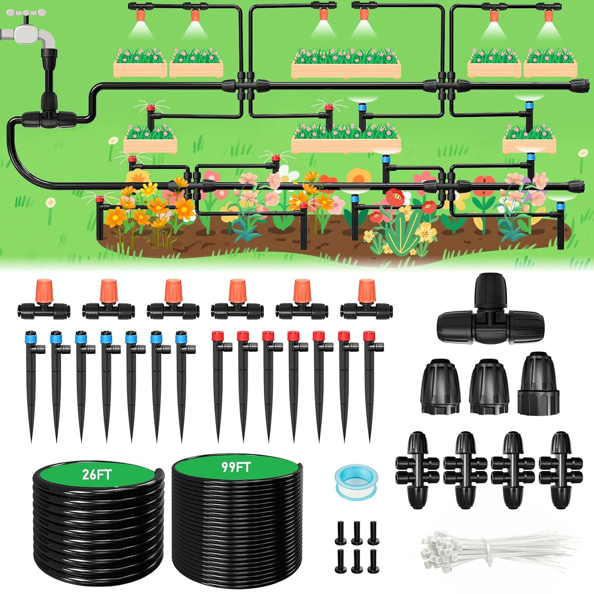 246FT Drip Irrigation System, Automatic Drip Irrigation Kit with 1/2" Main Tube & 1/4" Branch Tubing, Adjustable Drip Emitters, Garden Watering System for Flower Bed, Raised Beds, Lawn, Greenhouses