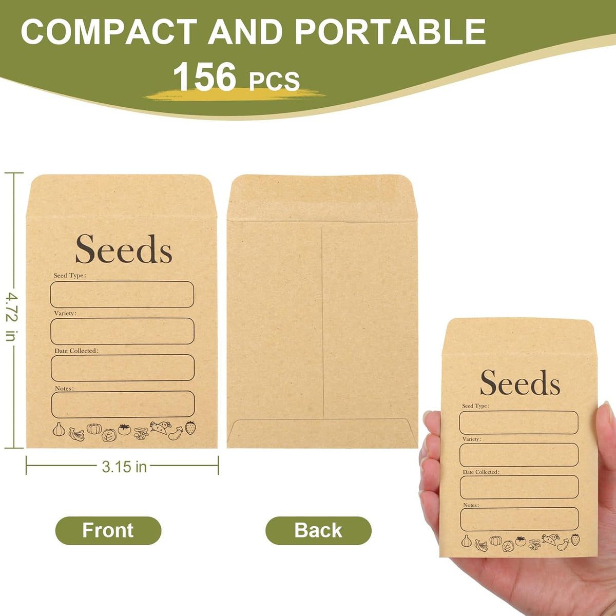 156 PCS Seed Envelopes 3.15”x 4.72”, Seed Packets Envelopes Kraft Seeds Saving Envelope, Self Sealing Seeds Storage Mini Envelope for Flower Vegetable