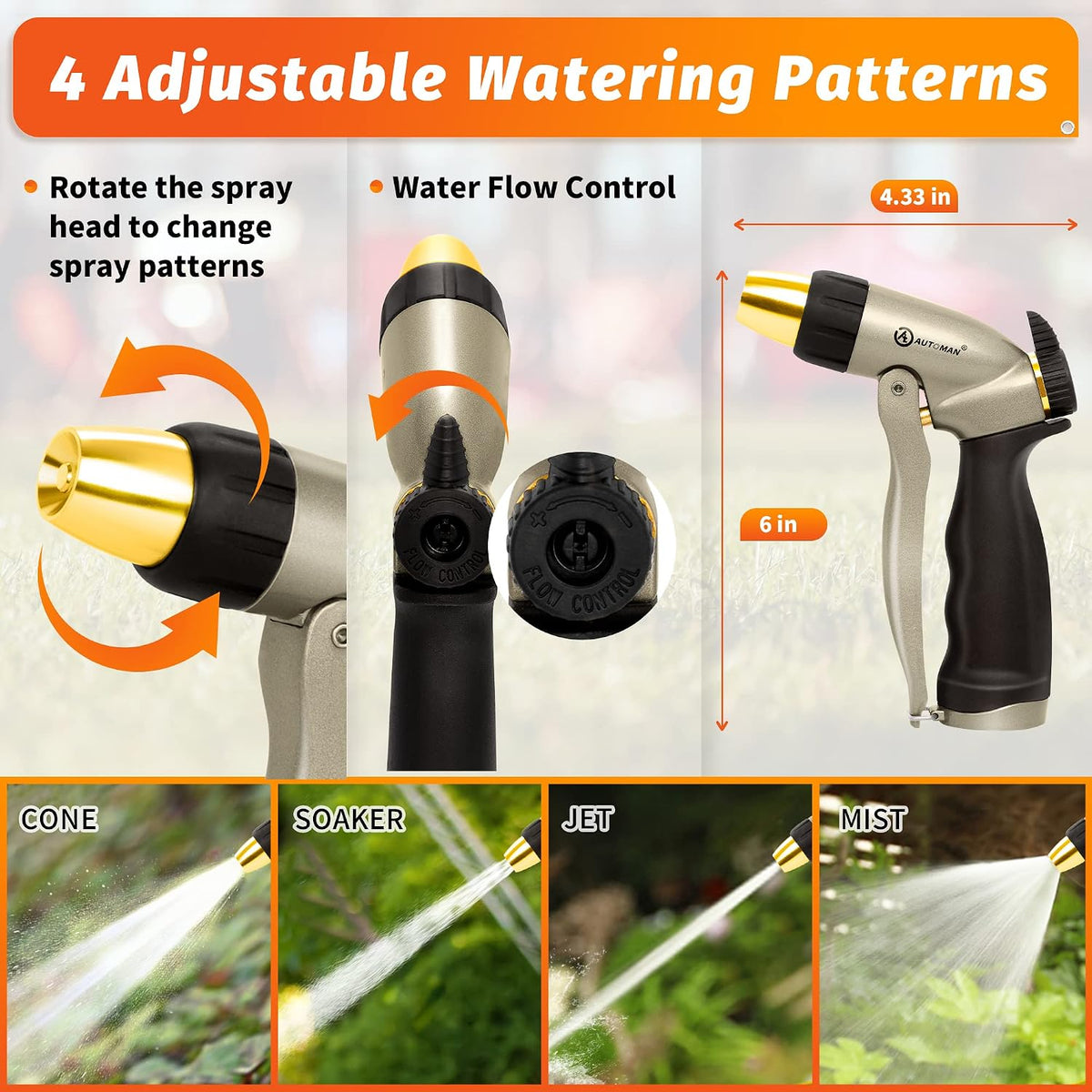 Garden Hose Nozzle - 100% Metal High Pressure Spray Nozzle, Adjustable Spray Patterns, Labor-Saving, Heavy Duty for Garden Watering, Car Washing, Window Cleaning, Pets Showering