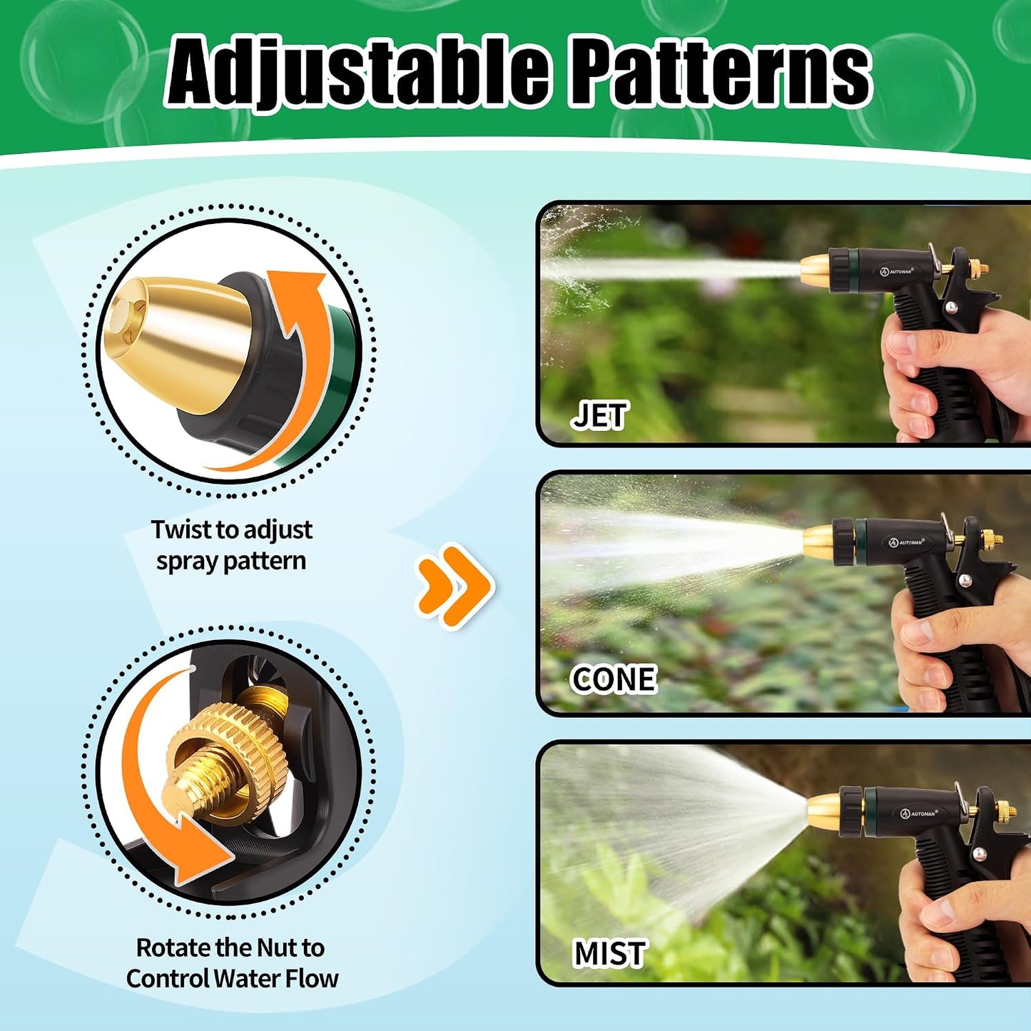 Garden Hose Nozzle - 100% Metal High Pressure Spray Nozzle, Adjustable Spray Patterns, Labor-Saving, Heavy Duty for Garden Watering, Car Washing, Window Cleaning, Pets Showering