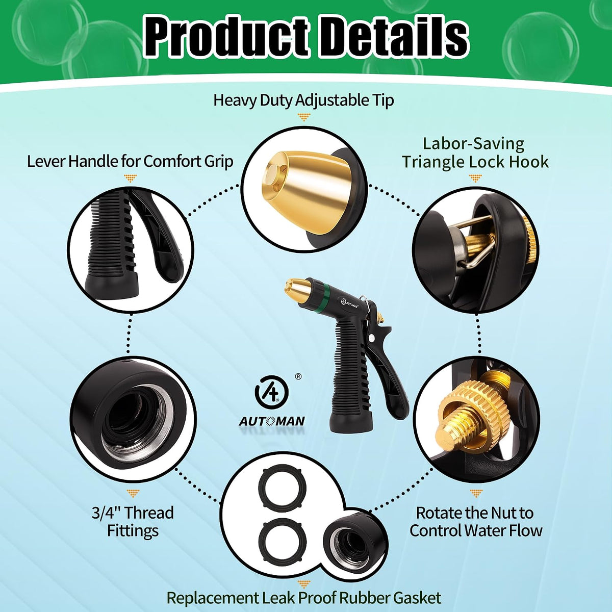 Garden Hose Nozzle - 100% Metal High Pressure Spray Nozzle, Adjustable Spray Patterns, Labor-Saving, Heavy Duty for Garden Watering, Car Washing, Window Cleaning, Pets Showering