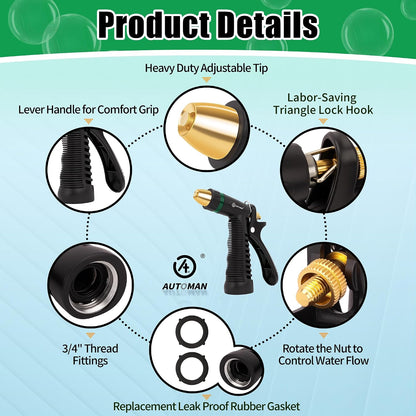 Garden Hose Nozzle - 100% Metal High Pressure Spray Nozzle, Adjustable Spray Patterns, Labor-Saving, Heavy Duty for Garden Watering, Car Washing, Window Cleaning, Pets Showering
