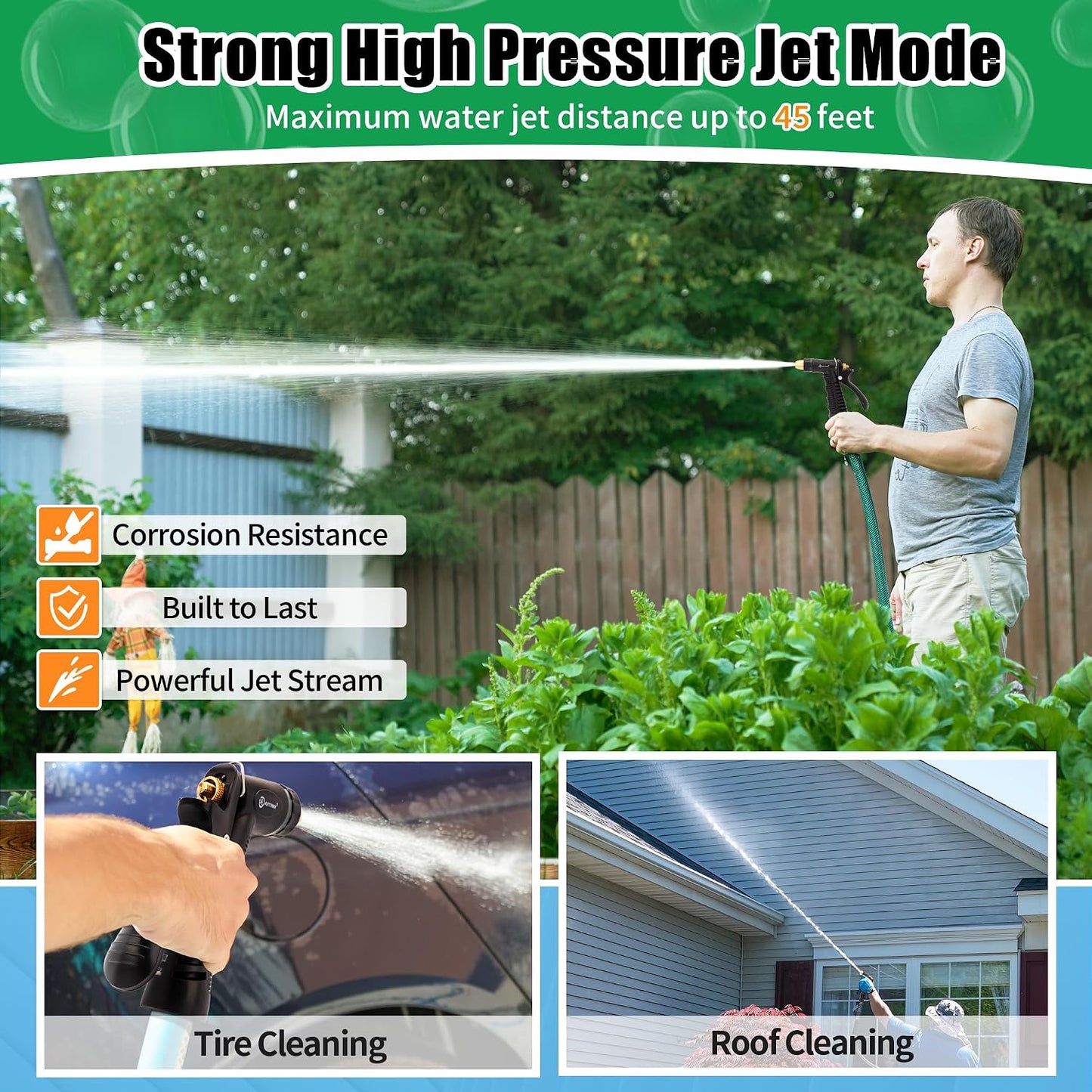 Garden Hose Nozzle - 100% Metal High Pressure Spray Nozzle, Adjustable Spray Patterns, Labor-Saving, Heavy Duty for Garden Watering, Car Washing, Window Cleaning, Pets Showering