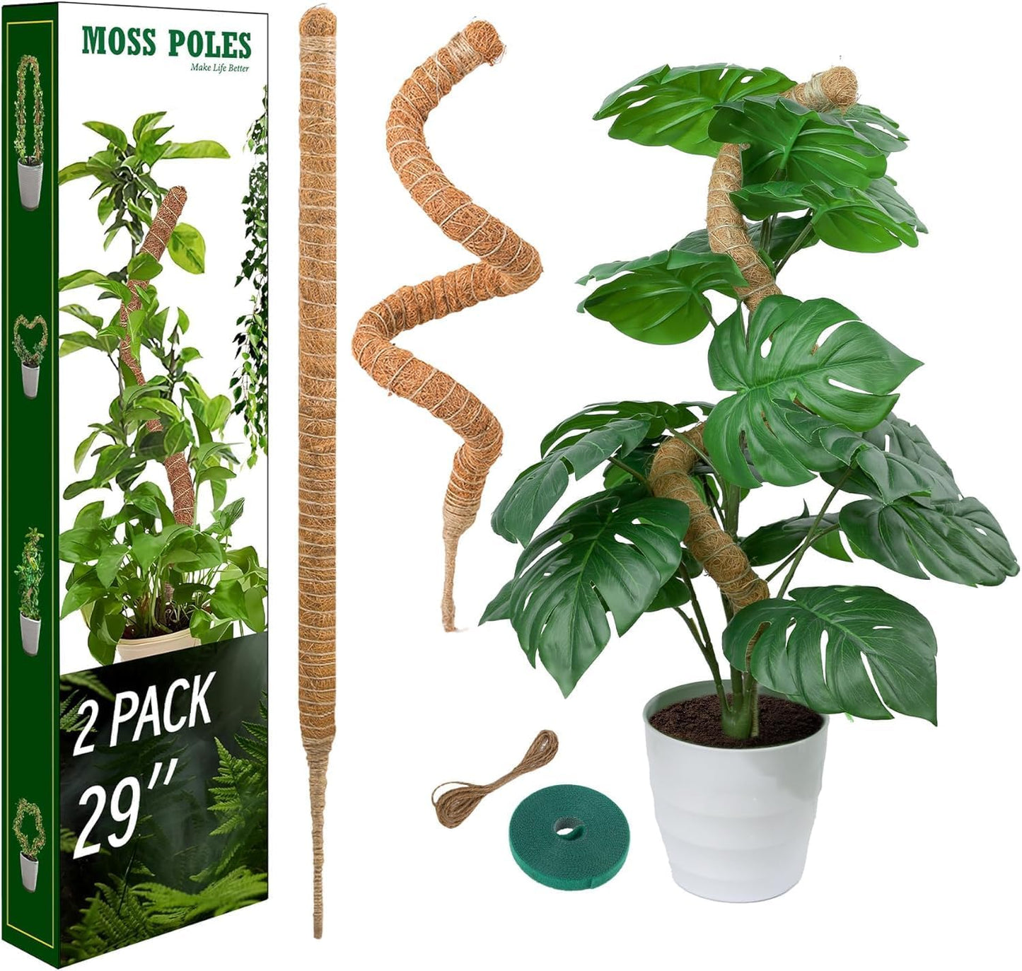 2 Pack Moss Pole for Monstera, Bendable 29" Coco Coir Plant Support with Rustproof Aluminum Core, Plant Support Stakes for Climbing Indoor Plants, Pothos, Philodendron