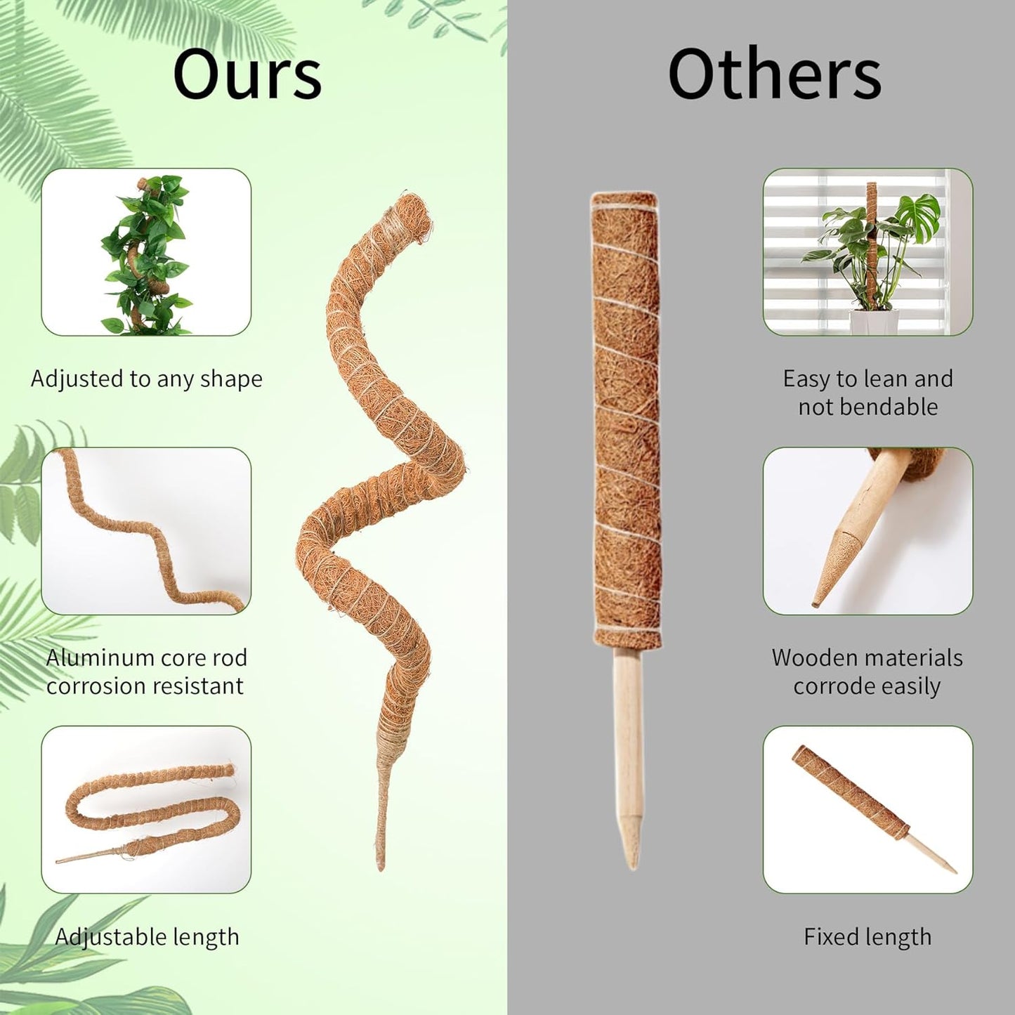 2 Pack Moss Pole for Monstera, Bendable 29" Coco Coir Plant Support with Rustproof Aluminum Core, Plant Support Stakes for Climbing Indoor Plants, Pothos, Philodendron