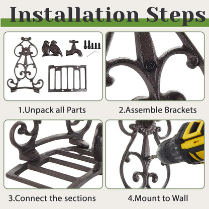 Garden Hose Holder Cast Iron Heavy Duty Wall Mounted Water Hose Holder Reel Decorative Three Pipe Rack Reel Outdoor Storage Hook for 20FT-50FT Pipe for Garden, Yard, Patio(6.9 x 4.9 x 9.5 Inches)
