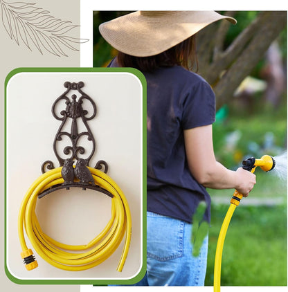 Garden Hose Holder Cast Iron Heavy Duty Wall Mounted Water Hose Holder Reel Decorative Three Pipe Rack Reel Outdoor Storage Hook for 20FT-50FT Pipe for Garden, Yard, Patio(6.9 x 4.9 x 9.5 Inches)