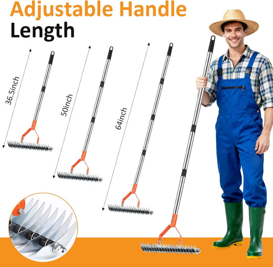 Thatch Rake -15 Inch Dethatcher Rake with Adjustable Handle, Efficient Steel Metal Rakes with Handle,Heavy Duty Thatching Rakes for Lawn,Garden, Yard