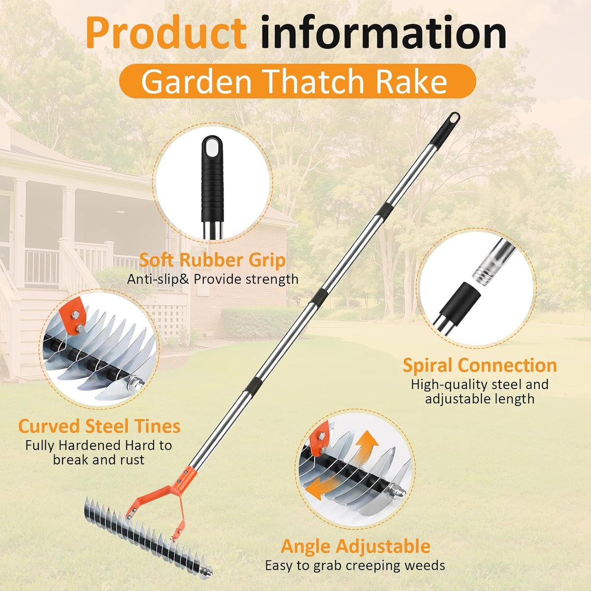 Thatch Rake -15 Inch Dethatcher Rake with Adjustable Handle, Efficient Steel Metal Rakes with Handle,Heavy Duty Thatching Rakes for Lawn,Garden, Yard