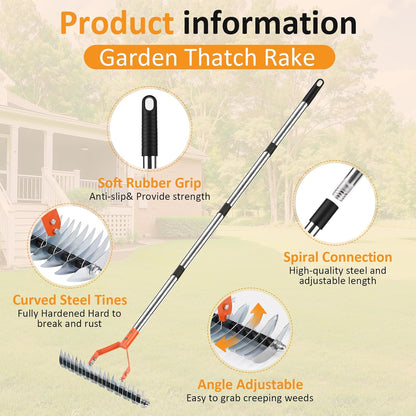 Thatch Rake -15 Inch Dethatcher Rake with Adjustable Handle, Efficient Steel Metal Rakes with Handle,Heavy Duty Thatching Rakes for Lawn,Garden, Yard