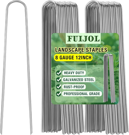 8 Gauge Landscape Staples, 12 Inch 15 25 50 100 Pack Heavy Duty U-Shaped Landscape Stakes, Galvanized Garden Staples for Weed Barrier Stakes, Ground Cover, Irrigation Tubing, Fence (25,12 Inch)
