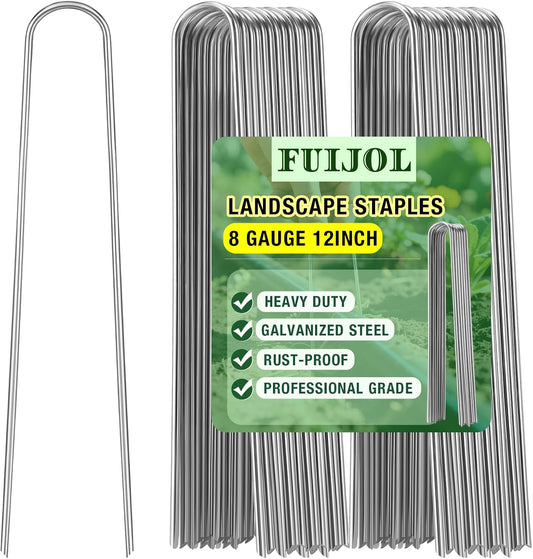 8 Gauge Landscape Staples, 12 Inch 15 25 50 100 Pack Heavy Duty U-Shaped Landscape Stakes, Galvanized Garden Staples for Weed Barrier Stakes, Ground Cover, Irrigation Tubing, Fence (25,12 Inch)