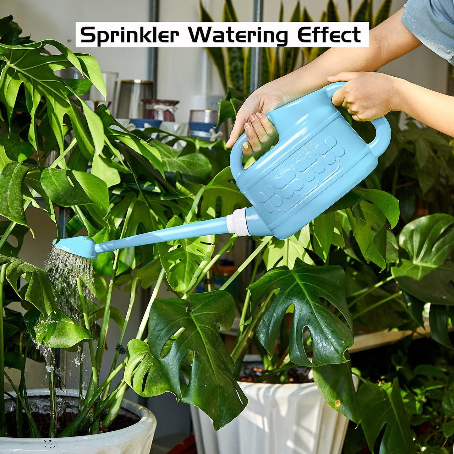 Garden Watering Can for Indoor & Outdoor Plants, Plastic Watering Can 1 Gallon with Long Spout & Removable 360 Degree Rotation Sprinkler Head, Lightweight Watering Pot for Houseplants - Blue