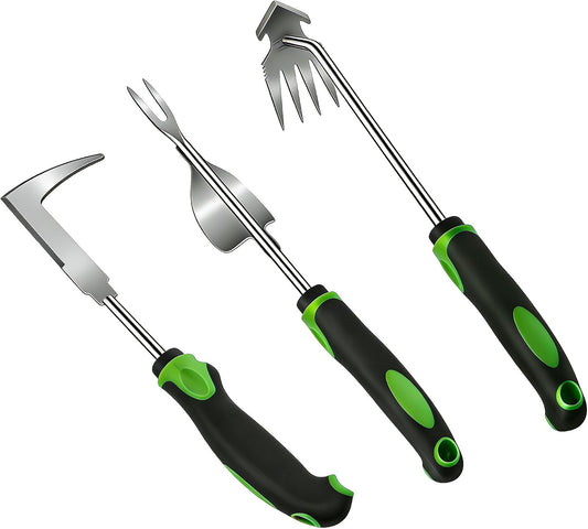 3 Piece Weeding Tool Set, Stainless Steel Hand Weeder Kit with Rubber Handles, Crack Weeder, Weed Puller and Crevice Tool for Lawn, Flower Beds, Sidewalk Cracks, Patio and Between Pavers