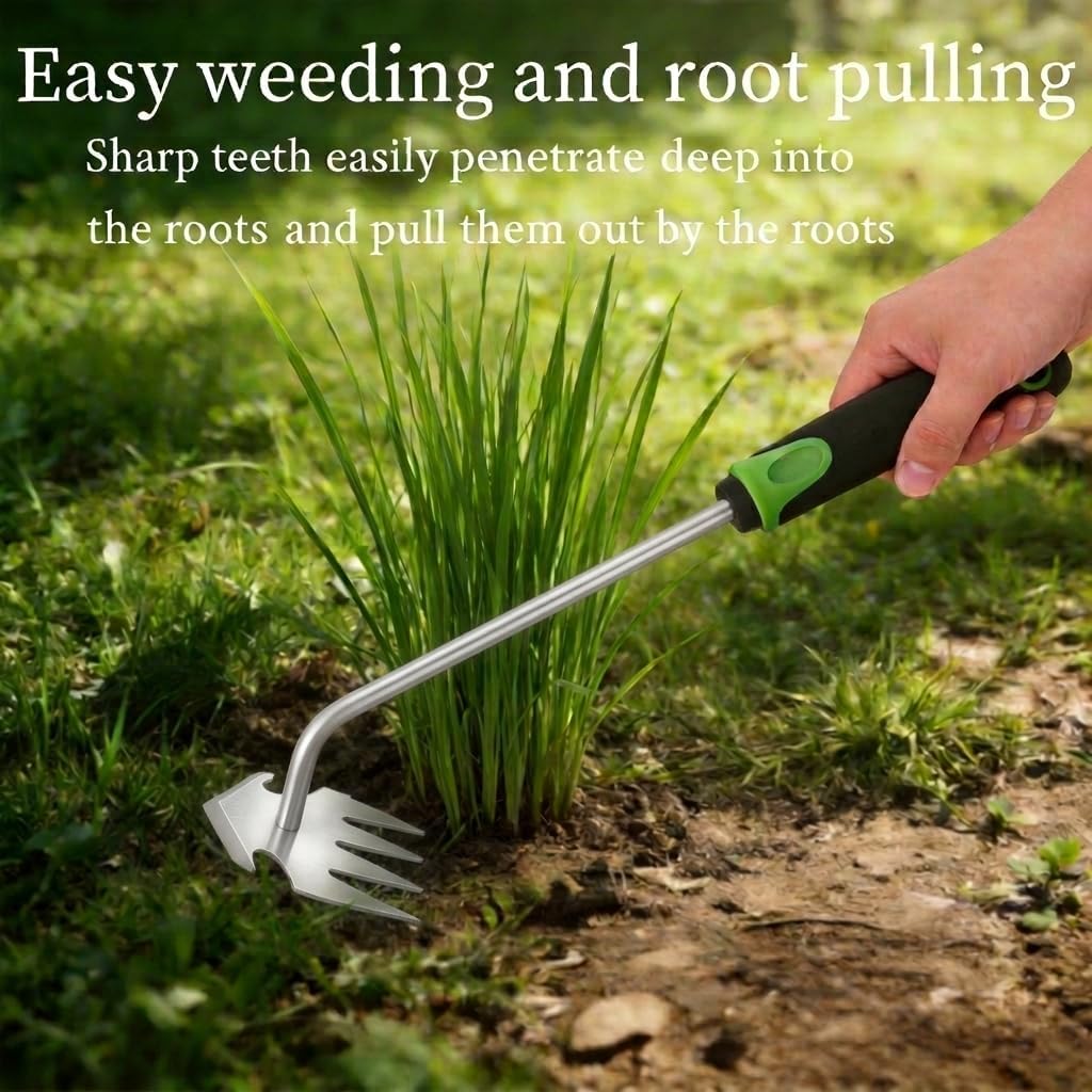 3 Piece Weeding Tool Set, Stainless Steel Hand Weeder Kit with Rubber Handles, Crack Weeder, Weed Puller and Crevice Tool for Lawn, Flower Beds, Sidewalk Cracks, Patio and Between Pavers