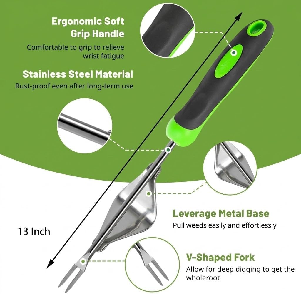 3 Piece Weeding Tool Set, Stainless Steel Hand Weeder Kit with Rubber Handles, Crack Weeder, Weed Puller and Crevice Tool for Lawn, Flower Beds, Sidewalk Cracks, Patio and Between Pavers