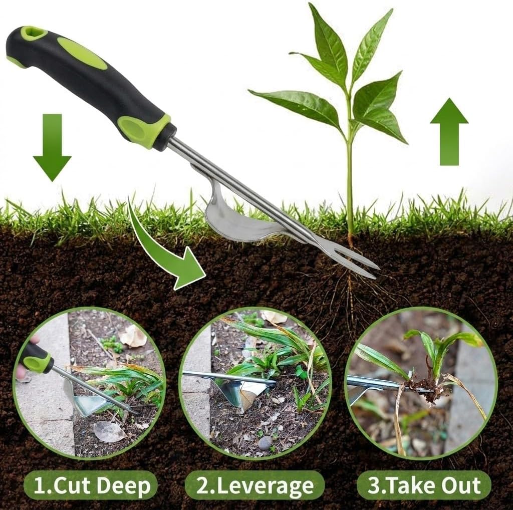 3 Piece Weeding Tool Set, Stainless Steel Hand Weeder Kit with Rubber Handles, Crack Weeder, Weed Puller and Crevice Tool for Lawn, Flower Beds, Sidewalk Cracks, Patio and Between Pavers