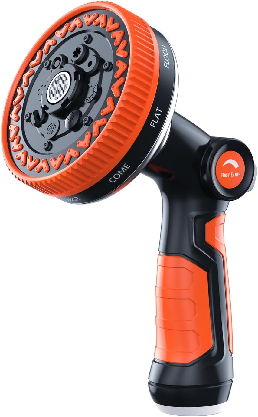 Garden Hose Nozzle, Heavy Duty Metal Water Hose Sprayer, 3.5" Ultra-Wide Sprayer, 8 Patterns, Thumb Control High Pressure Water Nozzle for Watering, Cleaning, Car, Pet, Orange