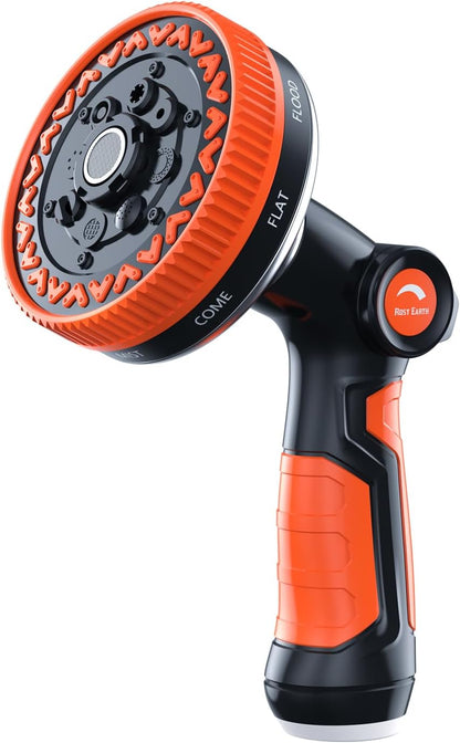Garden Hose Nozzle, Heavy Duty Metal Water Hose Sprayer, 3.5" Ultra-Wide Sprayer, 8 Patterns, Thumb Control High Pressure Water Nozzle for Watering, Cleaning, Car, Pet, Orange