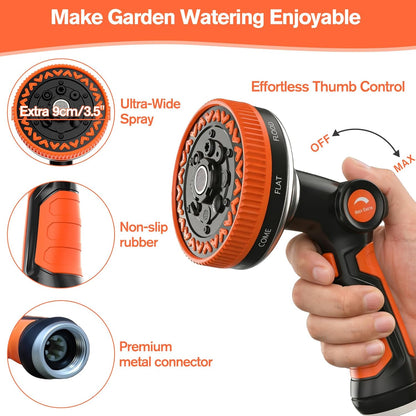 Garden Hose Nozzle, Heavy Duty Metal Water Hose Sprayer, 3.5" Ultra-Wide Sprayer, 8 Patterns, Thumb Control High Pressure Water Nozzle for Watering, Cleaning, Car, Pet, Orange