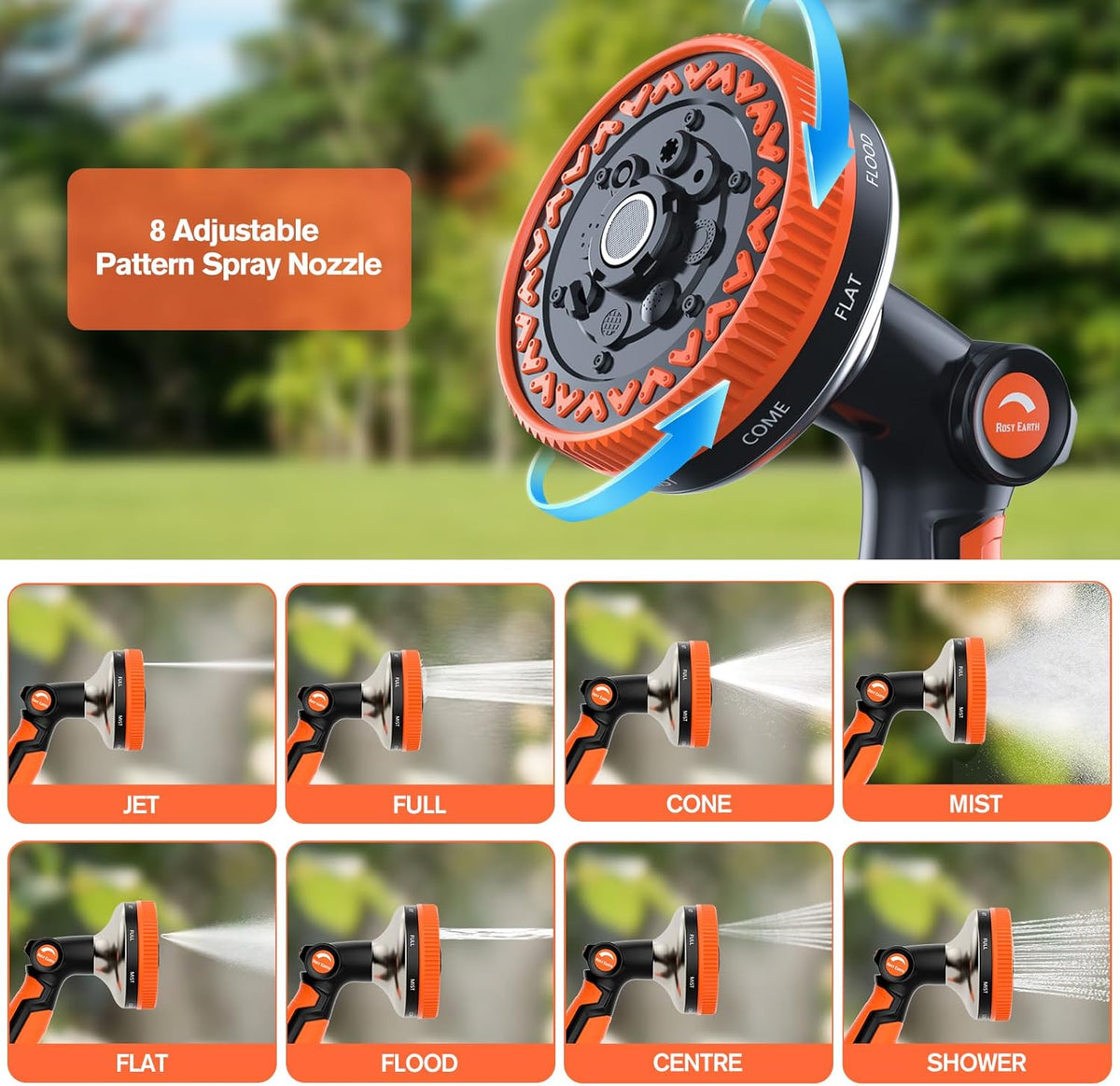 Garden Hose Nozzle, Heavy Duty Metal Water Hose Sprayer, 3.5" Ultra-Wide Sprayer, 8 Patterns, Thumb Control High Pressure Water Nozzle for Watering, Cleaning, Car, Pet, Orange