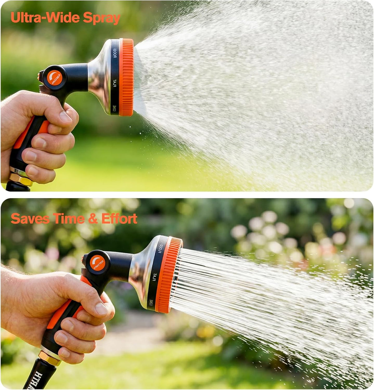 Garden Hose Nozzle, Heavy Duty Metal Water Hose Sprayer, 3.5" Ultra-Wide Sprayer, 8 Patterns, Thumb Control High Pressure Water Nozzle for Watering, Cleaning, Car, Pet, Orange