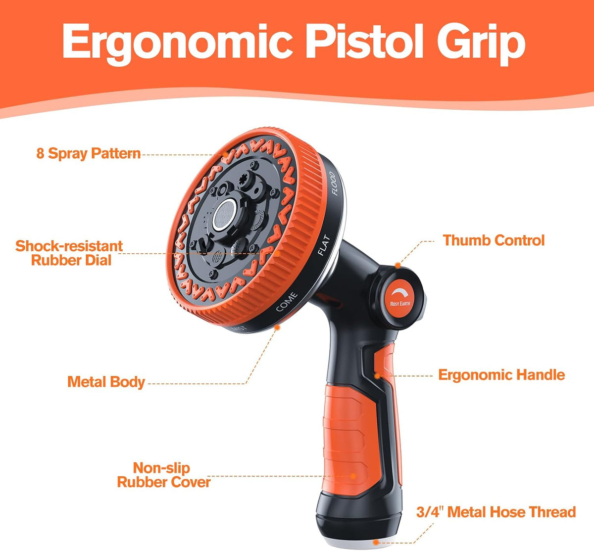 Garden Hose Nozzle, Heavy Duty Metal Water Hose Sprayer, 3.5" Ultra-Wide Sprayer, 8 Patterns, Thumb Control High Pressure Water Nozzle for Watering, Cleaning, Car, Pet, Orange