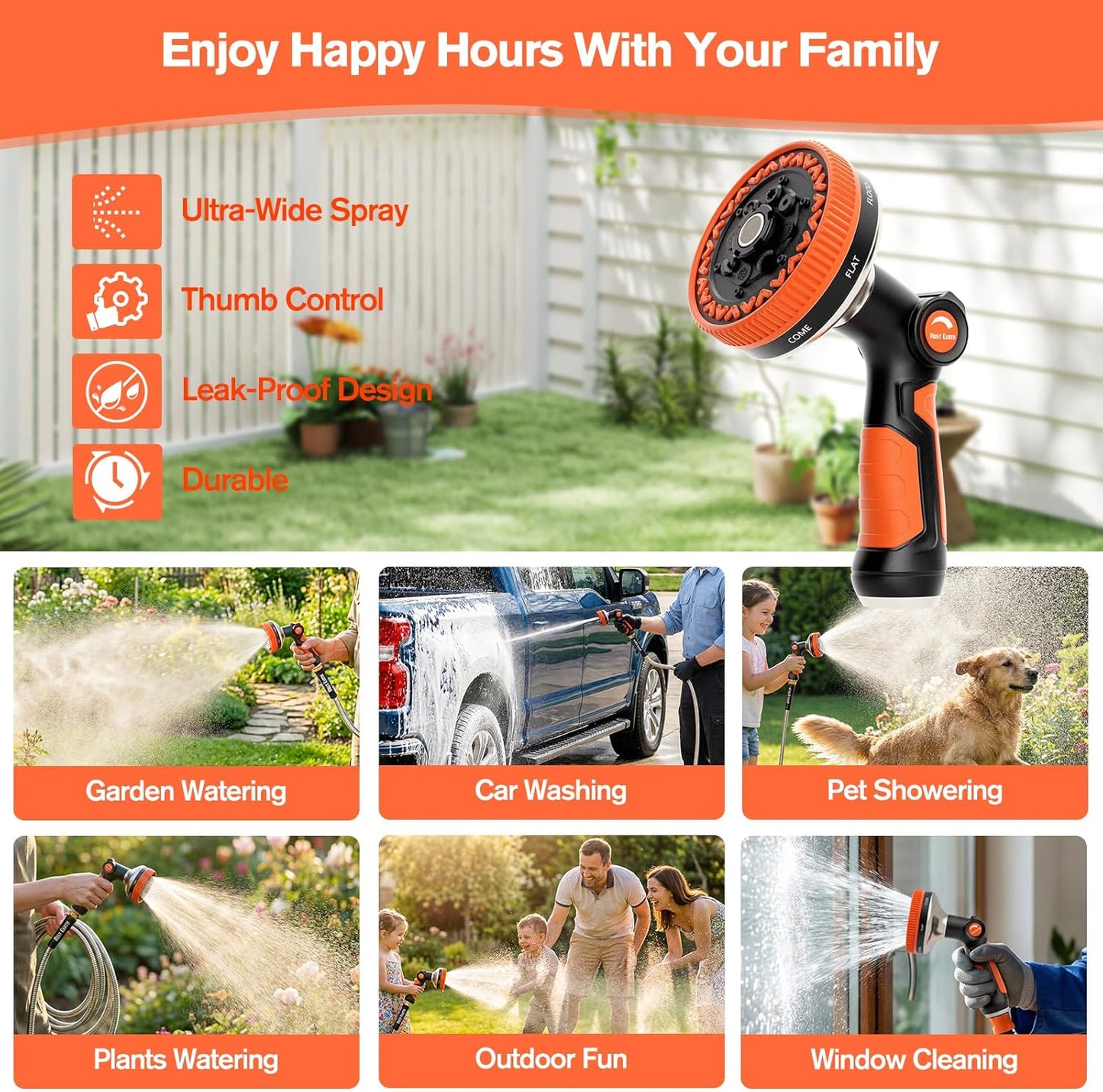 Garden Hose Nozzle, Heavy Duty Metal Water Hose Sprayer, 3.5" Ultra-Wide Sprayer, 8 Patterns, Thumb Control High Pressure Water Nozzle for Watering, Cleaning, Car, Pet, Orange