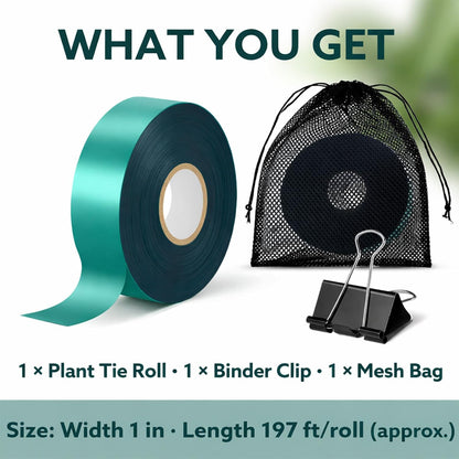 Plant Tie Tape, 1 in x 197 ft Stretchable Green Garden Tape for Plants, Soft Non-Adhesive PVC Plant Ties for Tomatoes, Grapes, Vines, Trees, Branches & Climbing Plants