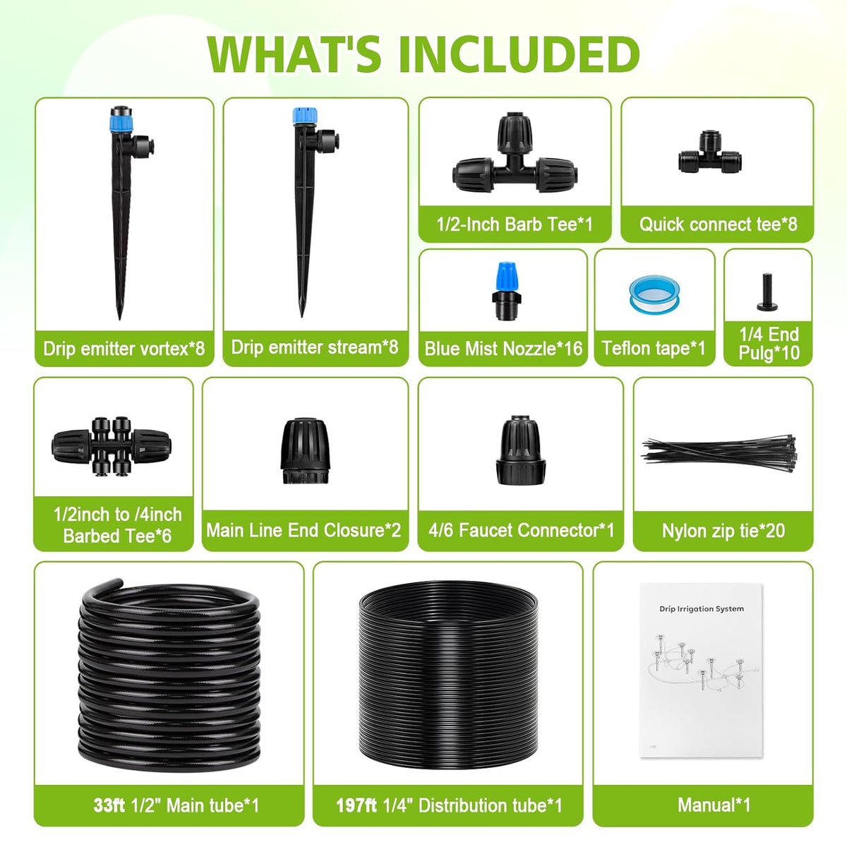 230FT New Quick-Connect Drip Irrigation System Kit, Automatic Garden Watering Misting System for Greenhouse, Yard, Lawn, Plant with 1/2 inch Hose 1/4 inch Distribution Tubing and Accessories