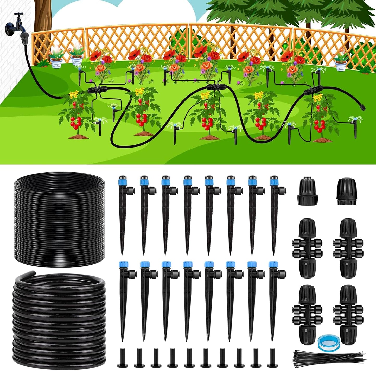 230FT New Quick-Connect Drip Irrigation System Kit, Automatic Garden Watering Misting System for Greenhouse, Yard, Lawn, Plant with 1/2 inch Hose 1/4 inch Distribution Tubing and Accessories