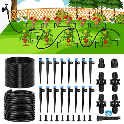 230FT New Quick-Connect Drip Irrigation System Kit, Automatic Garden Watering Misting System for Greenhouse, Yard, Lawn, Plant with 1/2 inch Hose 1/4 inch Distribution Tubing and Accessories