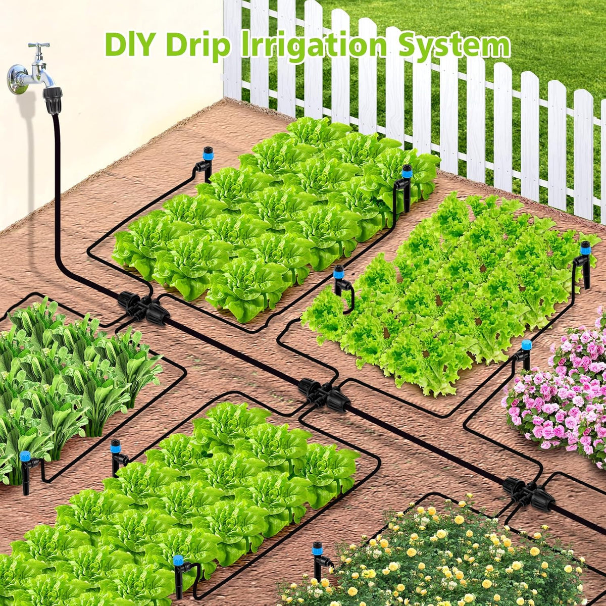230FT New Quick-Connect Drip Irrigation System Kit, Automatic Garden Watering Misting System for Greenhouse, Yard, Lawn, Plant with 1/2 inch Hose 1/4 inch Distribution Tubing and Accessories