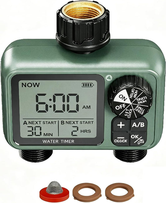 Sprinkler Timer 2 Zone, Water Timers for Garden Hose, Brass Inlet, Programmable Hose Timer with Rain Delay/Manual Modes, Faucet Timers for Lawn, Yard