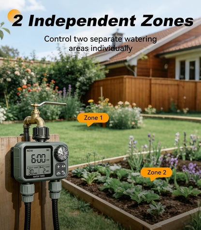 Sprinkler Timer 2 Zone, Water Timers for Garden Hose, Brass Inlet, Programmable Hose Timer with Rain Delay/Manual Modes, Faucet Timers for Lawn, Yard