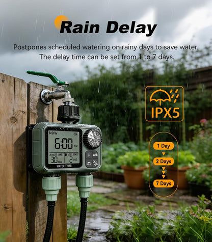 Sprinkler Timer 2 Zone, Water Timers for Garden Hose, Brass Inlet, Programmable Hose Timer with Rain Delay/Manual Modes, Faucet Timers for Lawn, Yard