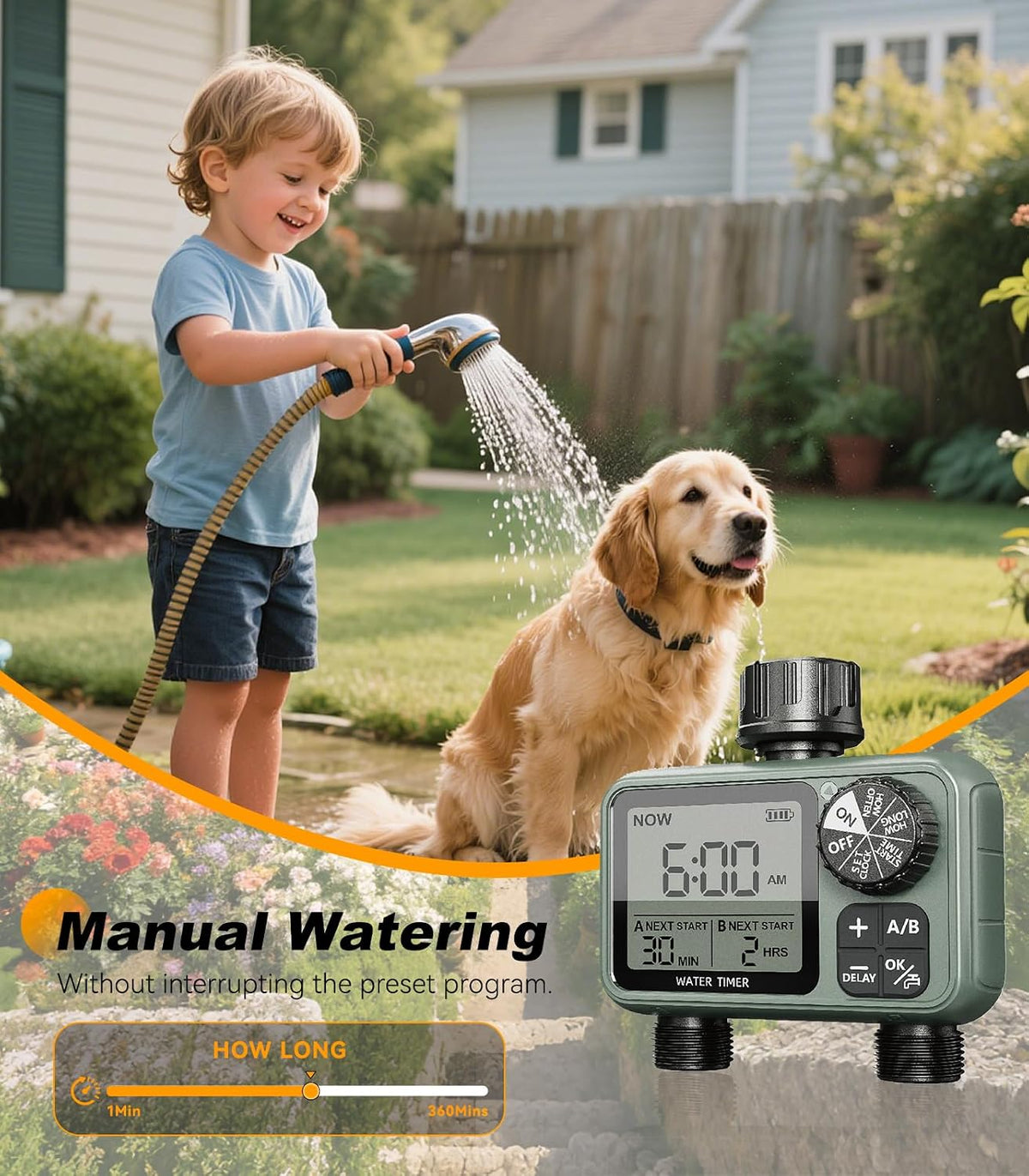 Sprinkler Timer 2 Zone, Water Timers for Garden Hose, Brass Inlet, Programmable Hose Timer with Rain Delay/Manual Modes, Faucet Timers for Lawn, Yard