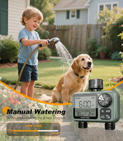Sprinkler Timer 2 Zone, Water Timers for Garden Hose, Brass Inlet, Programmable Hose Timer with Rain Delay/Manual Modes, Faucet Timers for Lawn, Yard