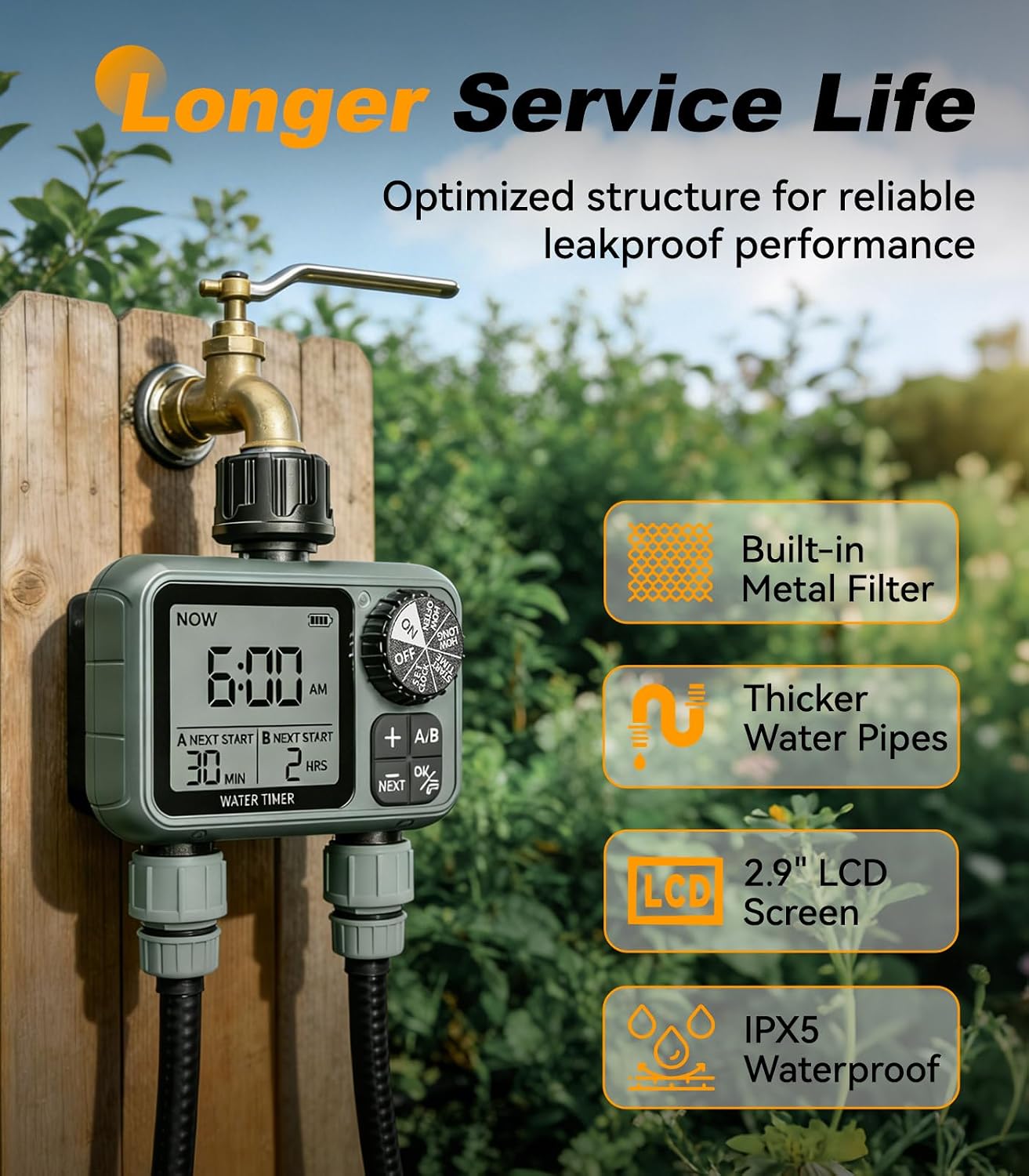 Sprinkler Timer 2 Zone, Water Timers for Garden Hose, Brass Inlet, Programmable Hose Timer with Rain Delay/Manual Modes, Faucet Timers for Lawn, Yard