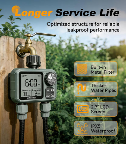 Sprinkler Timer 2 Zone, Water Timers for Garden Hose, Brass Inlet, Programmable Hose Timer with Rain Delay/Manual Modes, Faucet Timers for Lawn, Yard