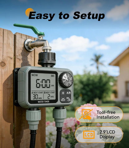 Sprinkler Timer 2 Zone, Water Timers for Garden Hose, Brass Inlet, Programmable Hose Timer with Rain Delay/Manual Modes, Faucet Timers for Lawn, Yard