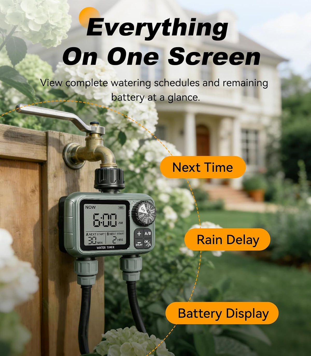 Sprinkler Timer 2 Zone, Water Timers for Garden Hose, Brass Inlet, Programmable Hose Timer with Rain Delay/Manual Modes, Faucet Timers for Lawn, Yard